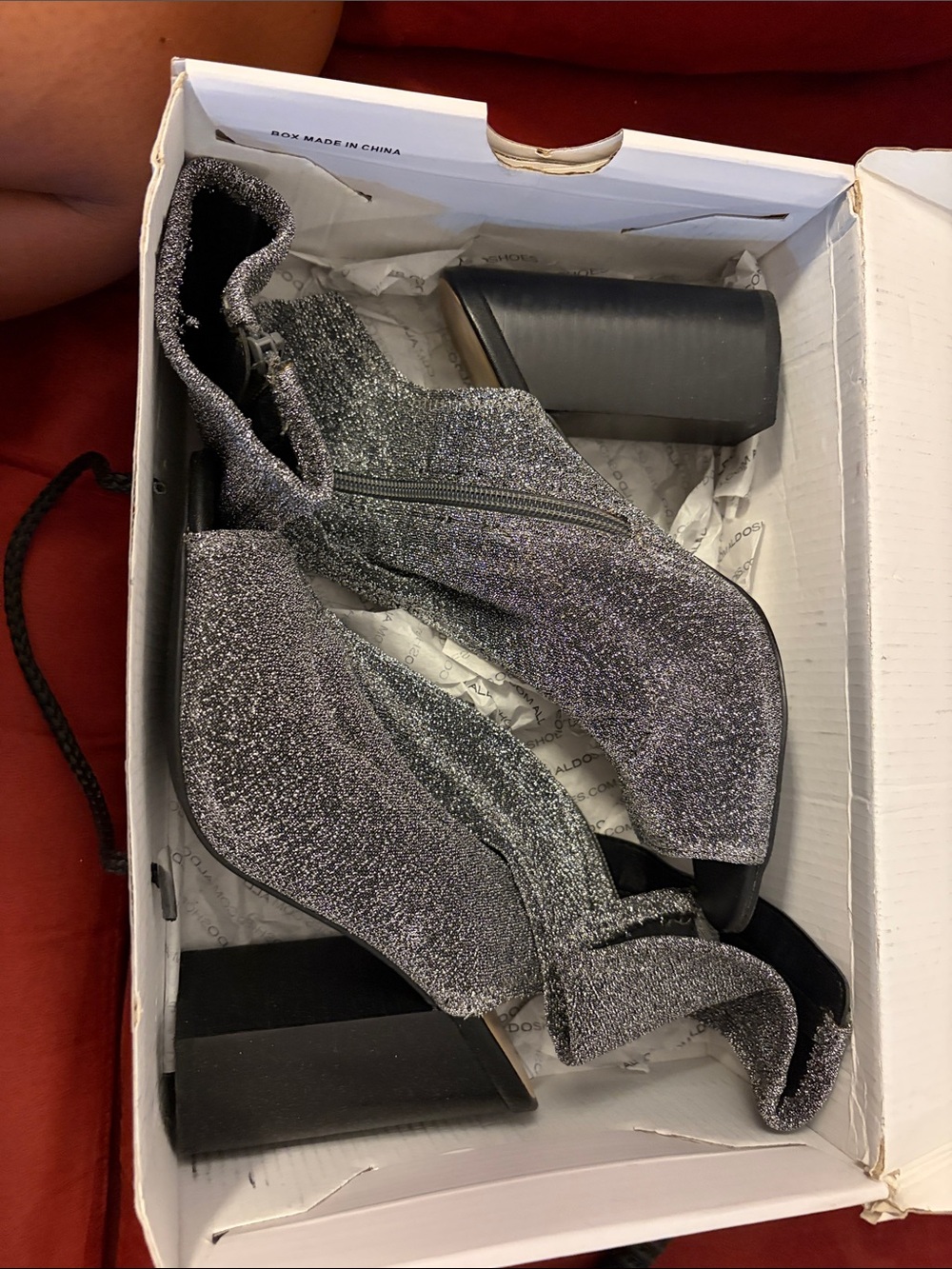 Aldo Silver Glitter Block Heel Ankle Boots